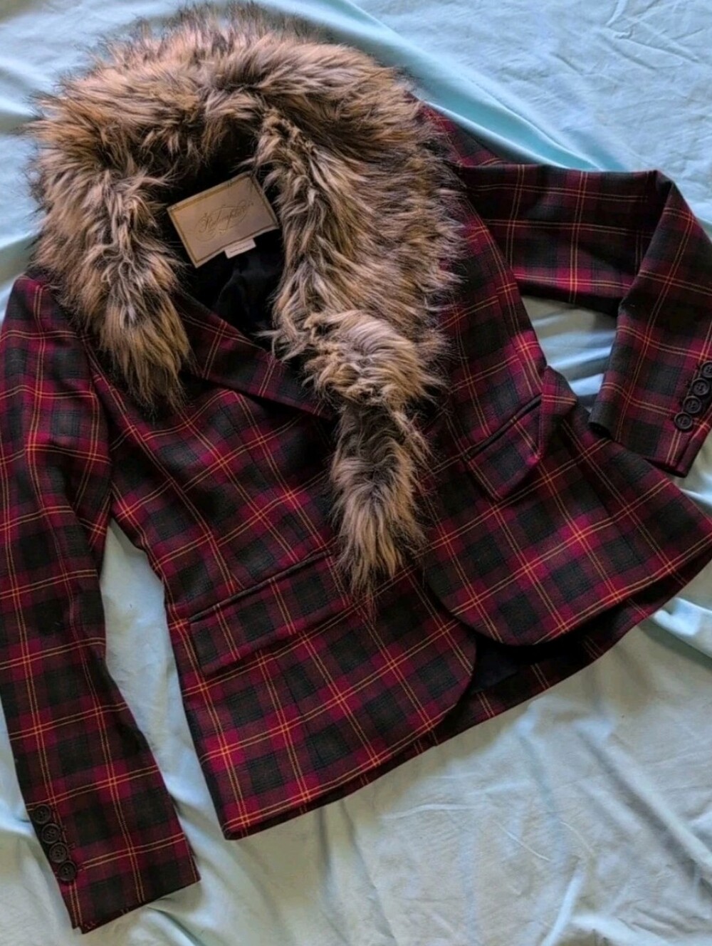 Redemption Plaid Faux Detachable Fur Wool Jacket Size 42